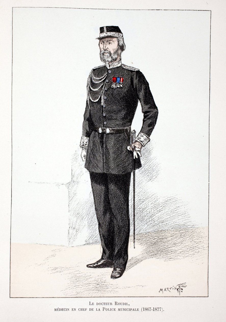 Dr. Roudil, capo ufficiale medico della polizia municipale (1867-1877). Acquaforte a colori, per illustrazione “Histoire du corps des gardiens de la paix” libro pubblicato sotto gli auspici di Louis Lepine (1846-1933) prefetto di polizia della Senna, di Al da Unknown artist