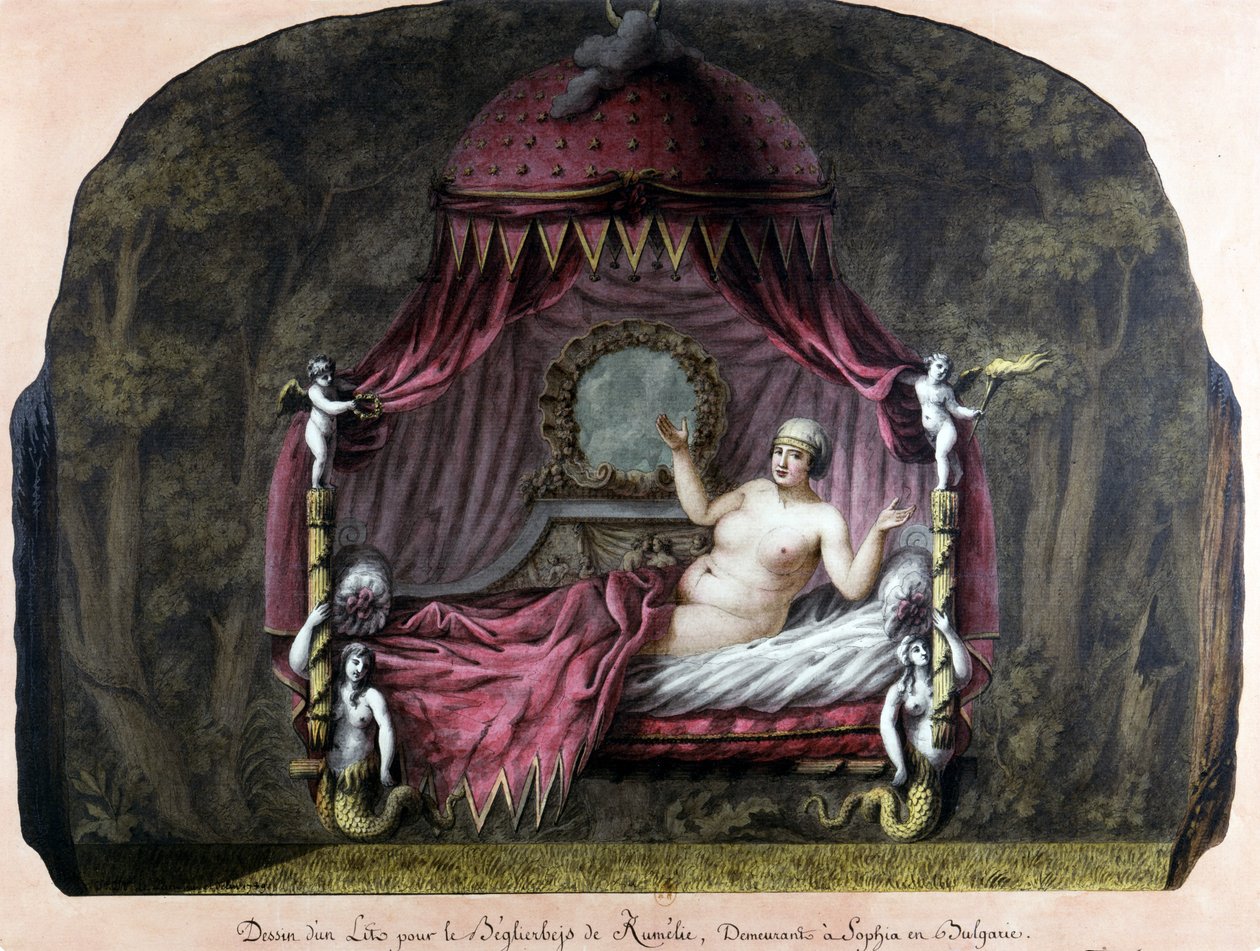 Disegno di un letto per il bey di Roumelie, residente a Sofia, Bulgaria. Una donna nuda la invita a unirsi a lei. J. J. Lepreu. da Unknown artist