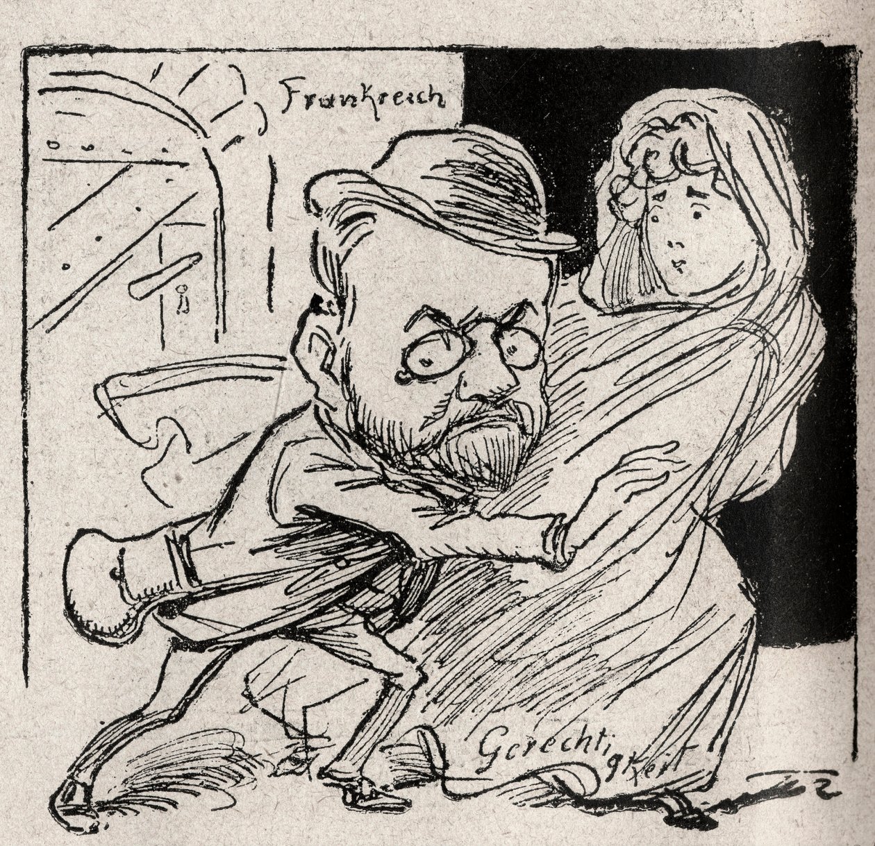 Affare Dreyfus - Emile Zola ha Giustizia: vieni con me, mio tesoro, qui non vogliamo più sentirci - Disegno pubblicato nel giornale austriaco 
