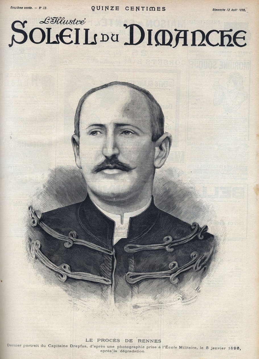 Caso Dreyfus: ritratto di Alfred Dreyfus (1859-1935) dopo la sua degradazione durante il processo di Rennes. Incisione in "Le sun-du-dimanche", 13 agosto da Unknown artist
