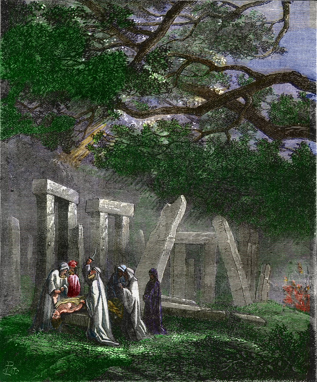 Druidi che praticano un sacrificio umano a Stonehenge fermati dai soldati romani - Incisione colorata del XIX secolo da Unknown artist