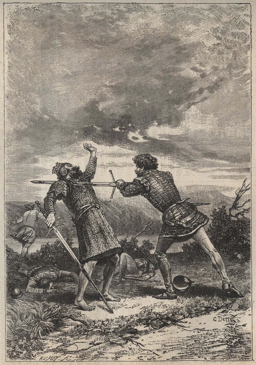Duello e morte di Torquil di Oak - illustrazione del XIX secolo per il romanzo storico 