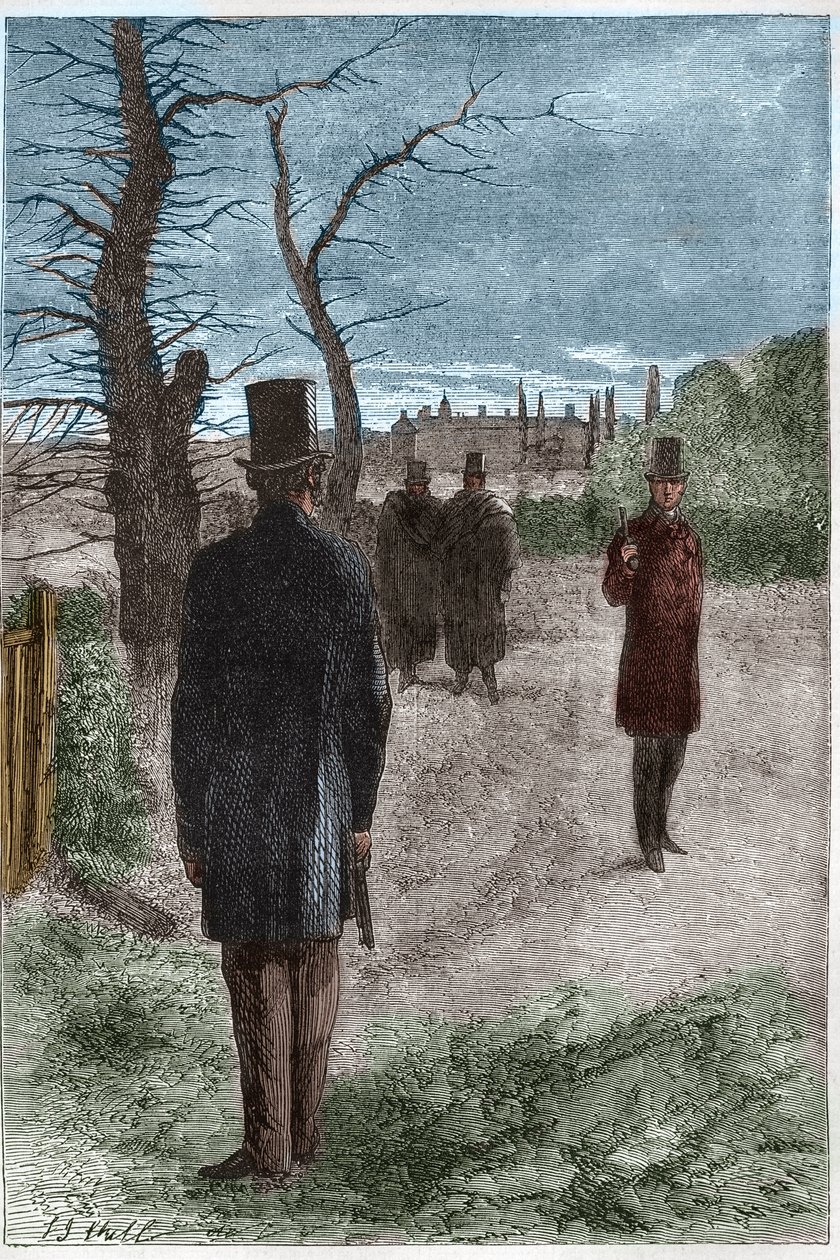 Duello tra George William Finch-Hatton, conte di Winchilsea (1791-1858) e Arthur Wellesley, duca di Wellington (1769-1852) a Battersea Fields, il 21 marzo 1829 da Unknown artist
