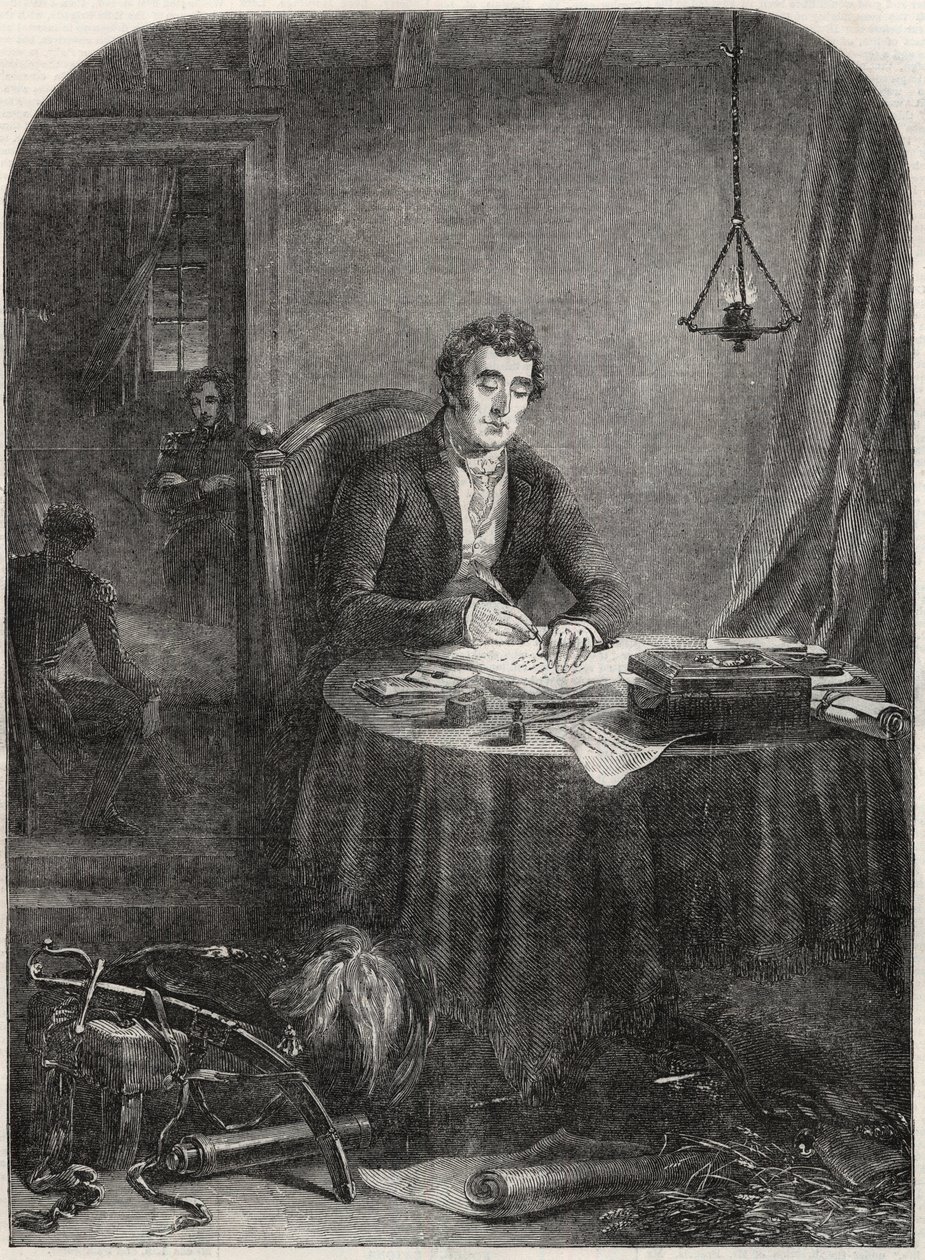 Il duca di Wellington (Arthur Wellesley (1769-1852)) scrive un dispaccio dopo Waterloo, 19 giugno 1815 - incisione 1852 da Unknown artist