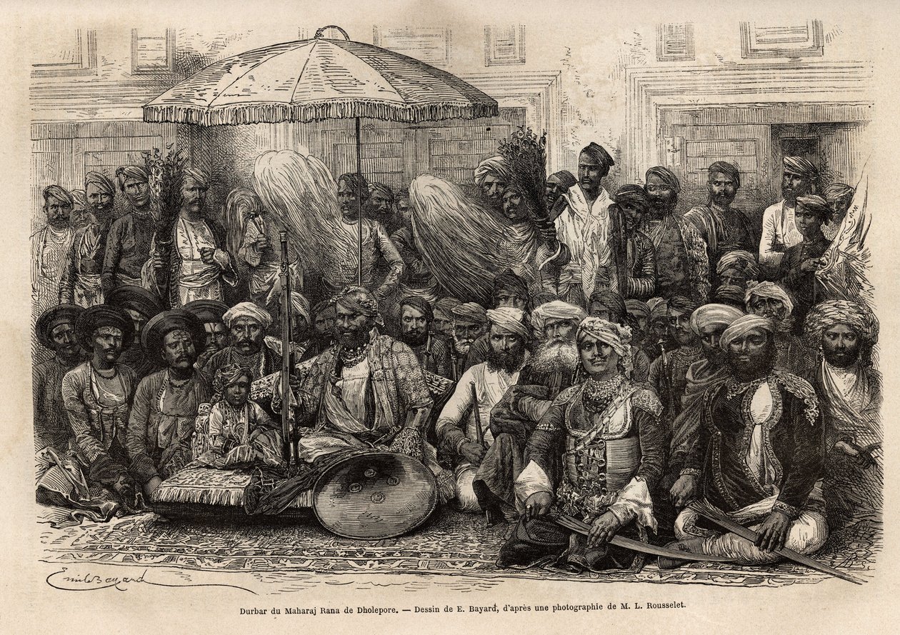 Durbar del Maharaja Rana, del regno di Dholepore (Rajasthan), incisione per illustrare l