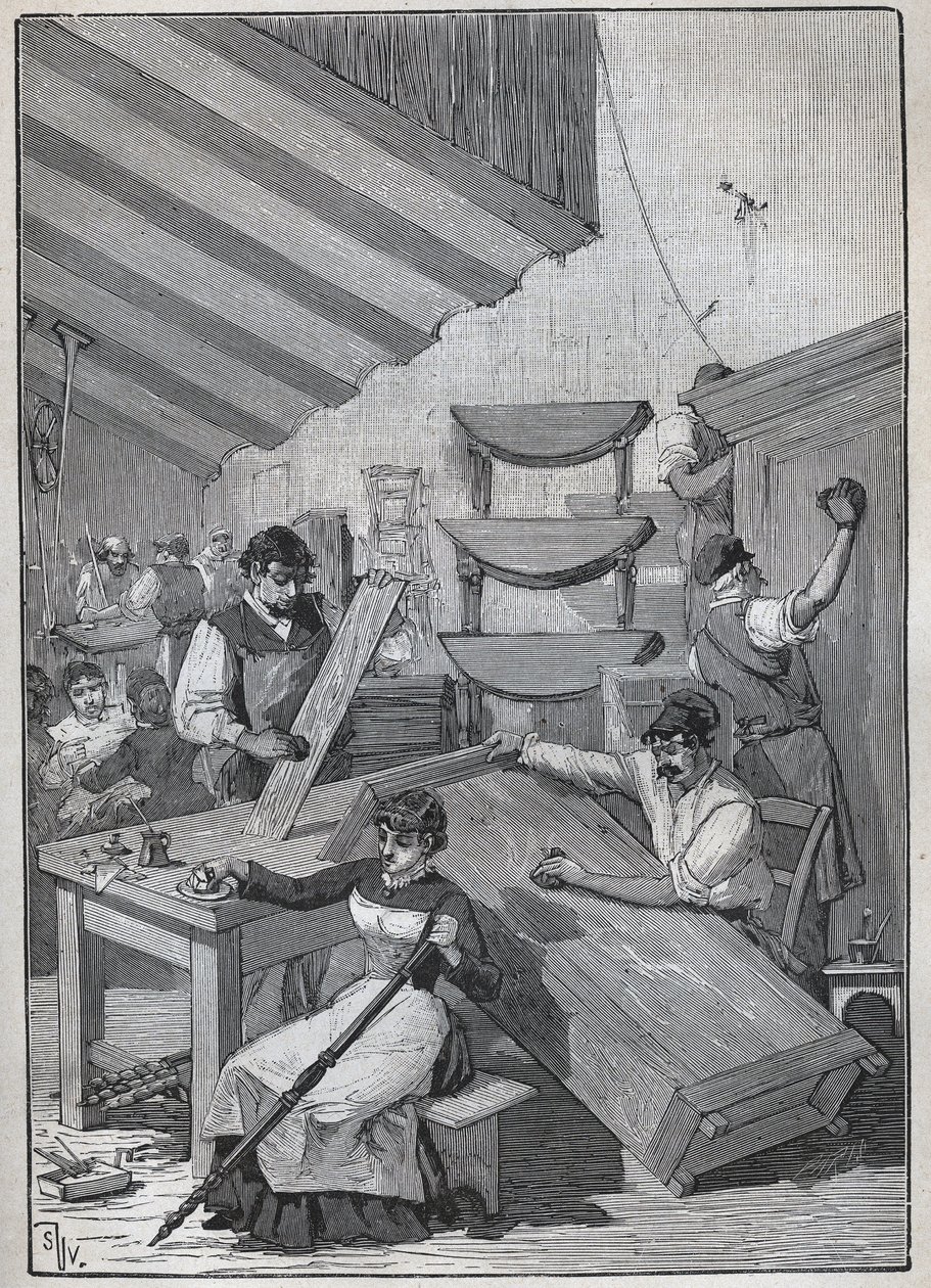 Ebanisteria: laboratorio di verniciatura a tampone. Incisione del 1885 in 