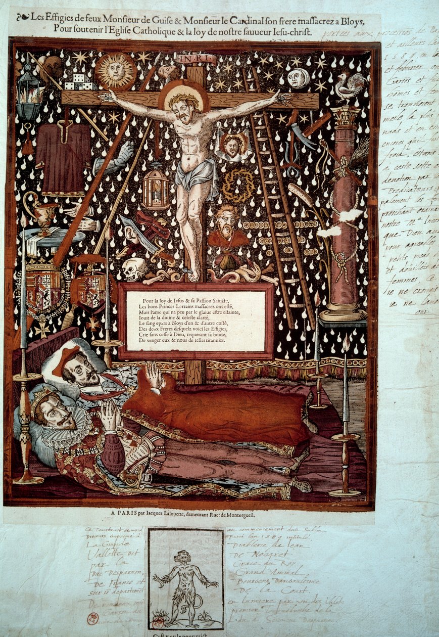 Effigi di Enrico I di Lorena, 3° Duca di Guisa (1550-1588) e di suo fratello Luigi II di Guisa, cardinale di Lorena (1555-1588) assassinati a Blois il 23 e 24 dicembre 1588 per ordine di Enrico III Incisione del XVI secolo Parigi, B.N. da Unknown artist