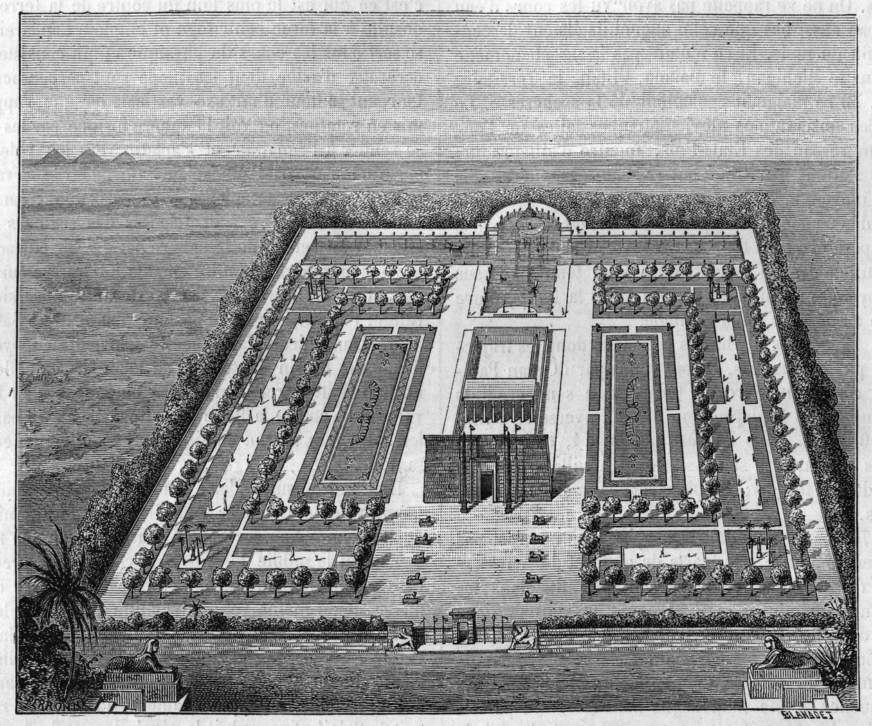 Giardino egiziano al tempo dei faraoni. Incisione in "La Nature: revue des sciences et de leurs applications aux arts et à l