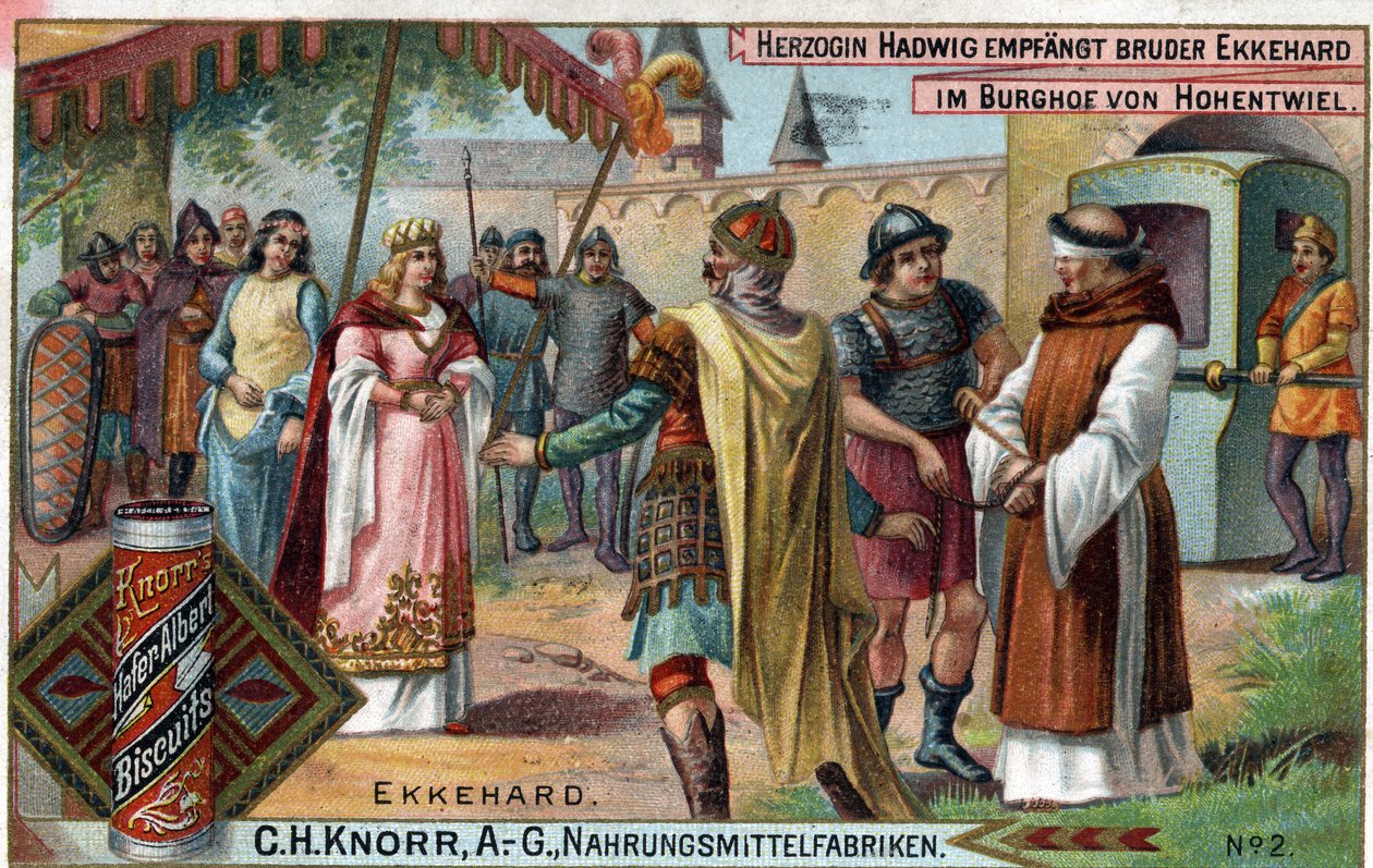 Ekkehard IV di San Gallo o Eckhard, Eckhart (980-1057) erudito e poeta latino. La duchessa Hadwig riceve il fratello Ekkehard nel cortile del castello di Hohentwiel. Verso: 