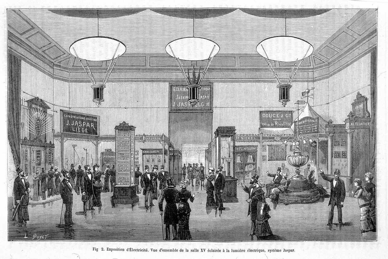 Esposizione di elettricità: panoramica della sala XV illuminata con luce elettrica, sistema Jaspar - in "La Nature" da Unknown artist