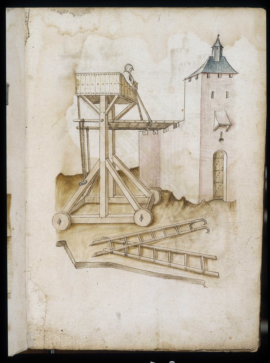 Sistema di elevazione e scale - Manoscritto: foglio di pergamena di un manuale di ingegneria per la costruzione di edifici civili, religiosi e militari, anonimo, fine XV secolo (figura in inchiostro cinese) da Unknown artist