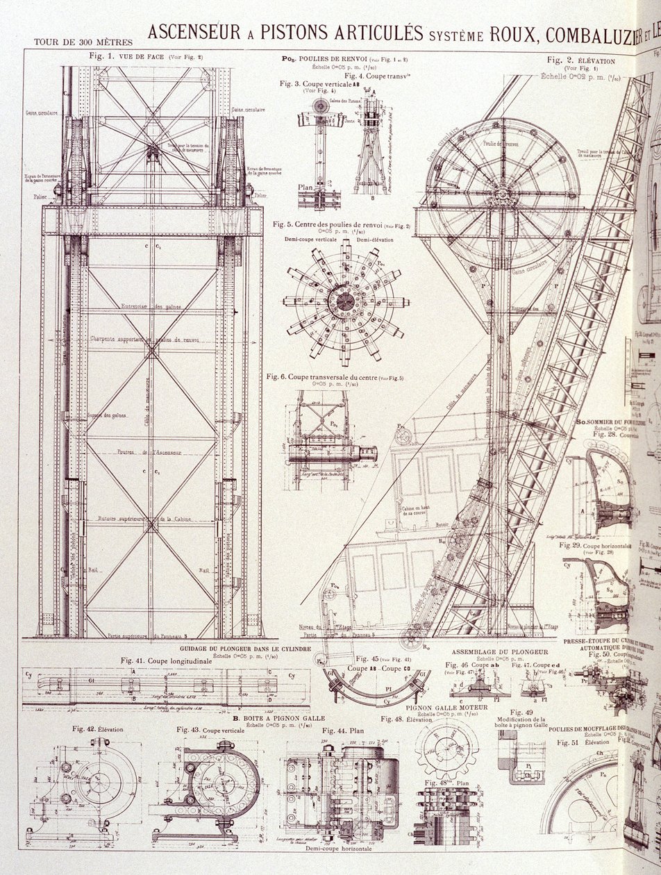 Ascensore e pistoni articolati della Torre Eiffel (sistema Roux-Combaluzier) - disegno industriale da Unknown artist