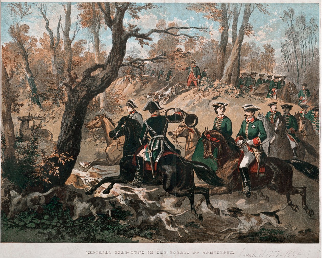 Imperatore Napoleone III (1808-1873) e sua moglie Eugenia de Montijo (1826-1920) passeggiano nella foresta di Compiegne. Litografia a colori intorno al 1855 Milano, Museo del Risorgimento da Unknown artist