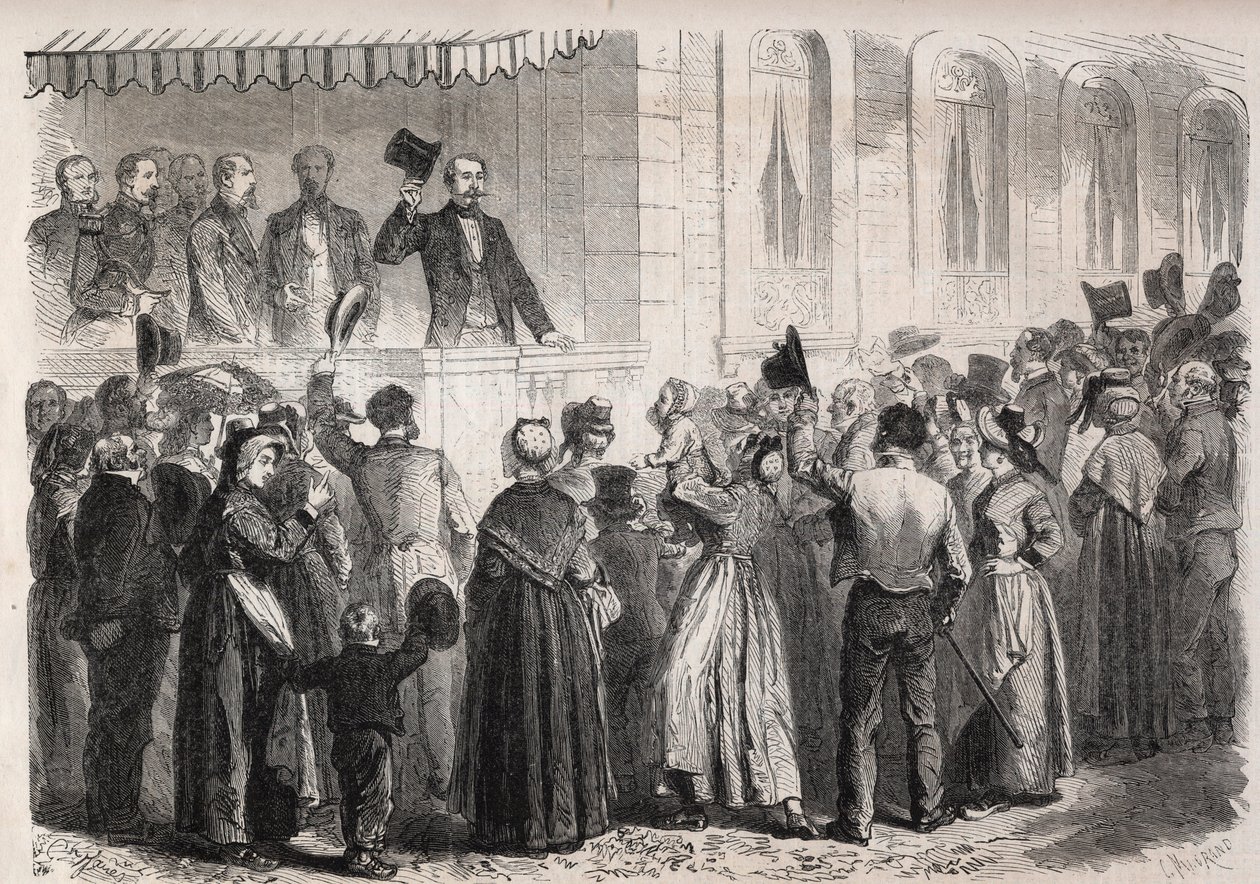 Imperatore Napoleone III (1808-1873) sulla terrazza della villa di Strauss a Vichy, salutato dalla gente della campagna domenica 7 luglio 1861 - Incisione in "The Illustrous World" da Unknown artist