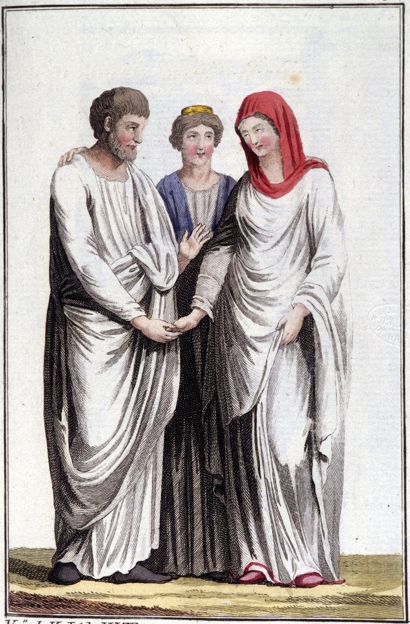 Fidanzamento o promessa di matrimonio: dextrarum iunctio o unione delle mani destre. Incisione del XIX secolo da Unknown artist