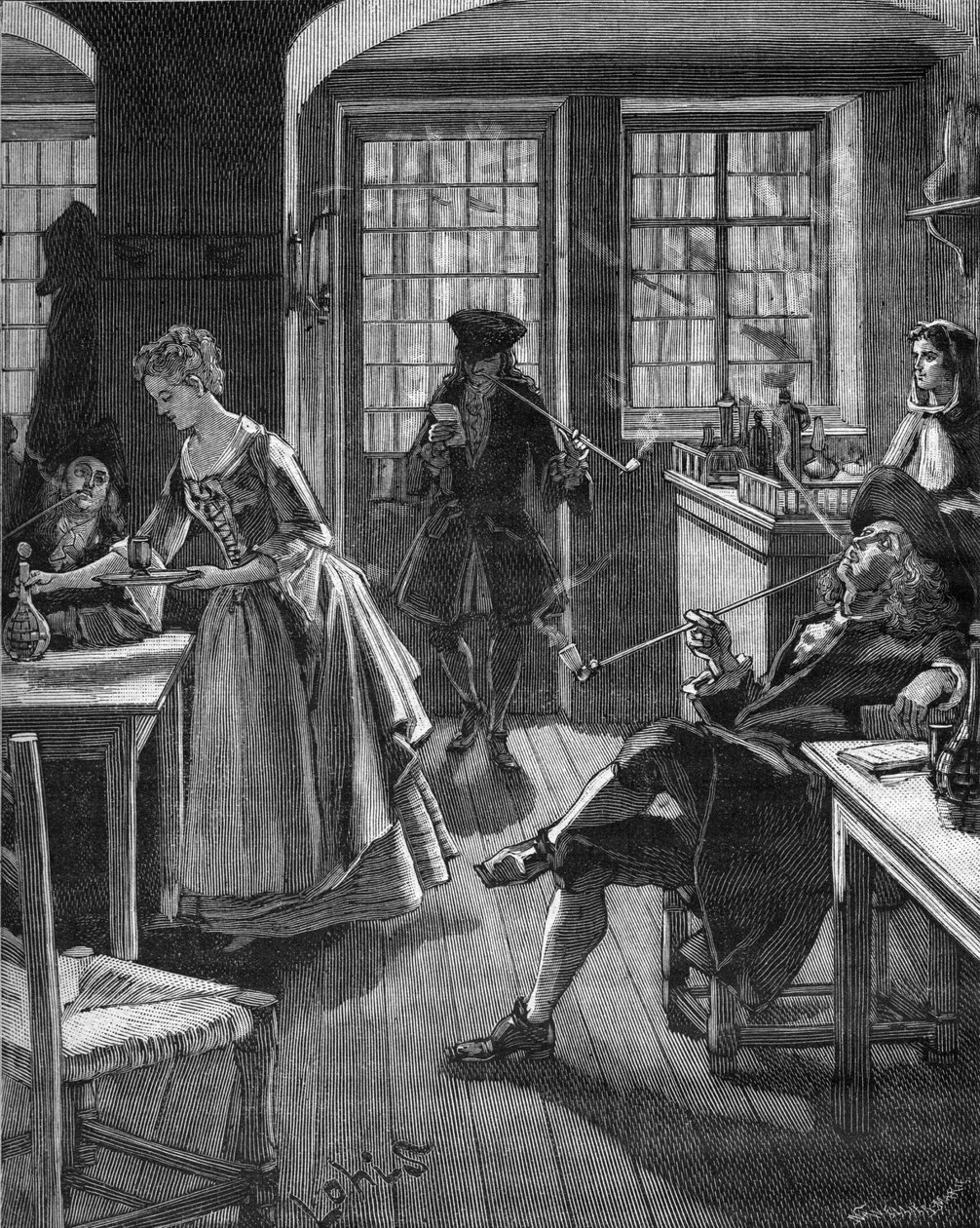 Inghilterra, fine XVII secolo: uomini che fumano in un caffè. Incisione del XIX secolo. In “Histoire de France” di Jules Michelet da Unknown artist
