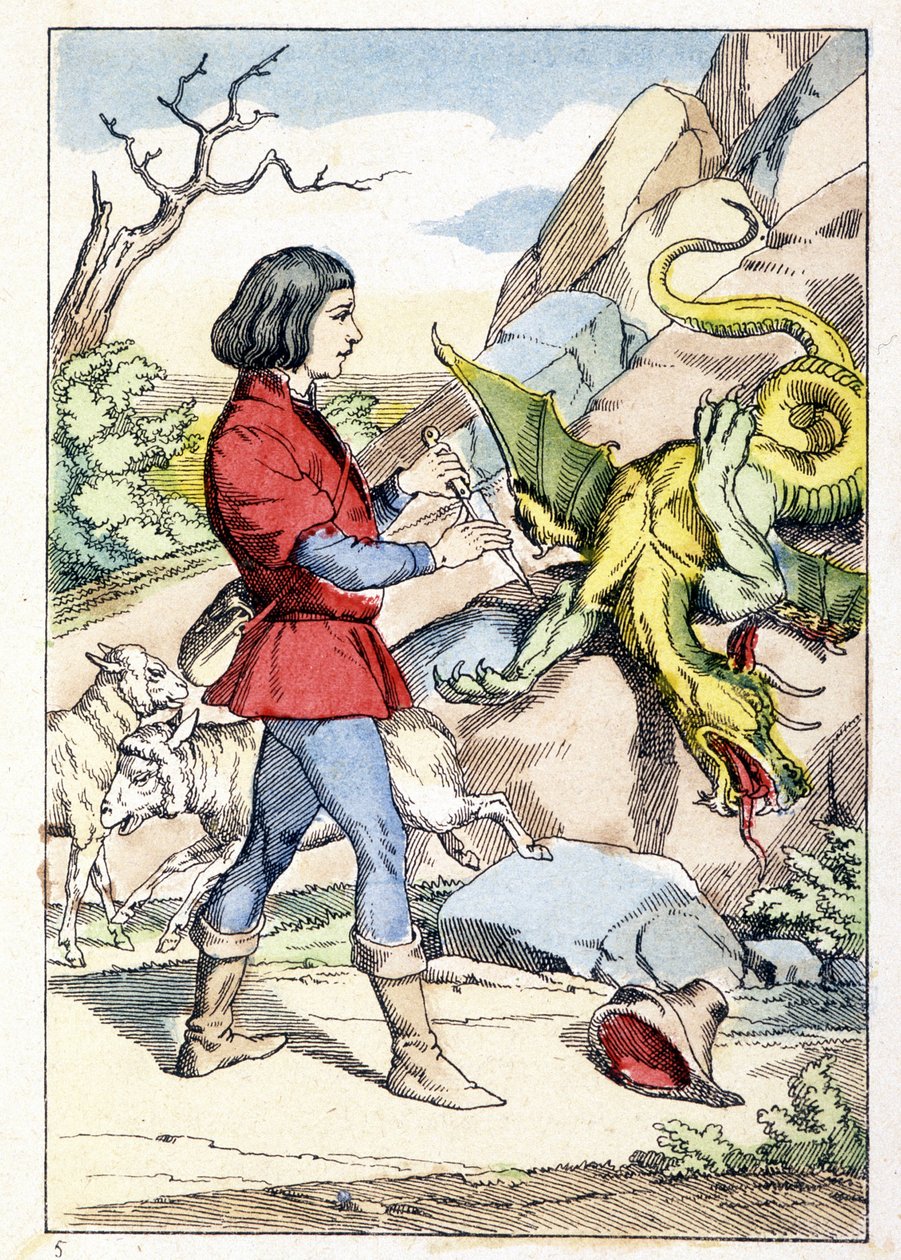 Incisione che rappresenta un pastore con un coltello pronto ad affrontare un drago. La bestia si irrigidì non appena il pastore aprì il coltello. Racconto di Charles Perrault: "Il flauto e il coltello incantato" da Unknown artist