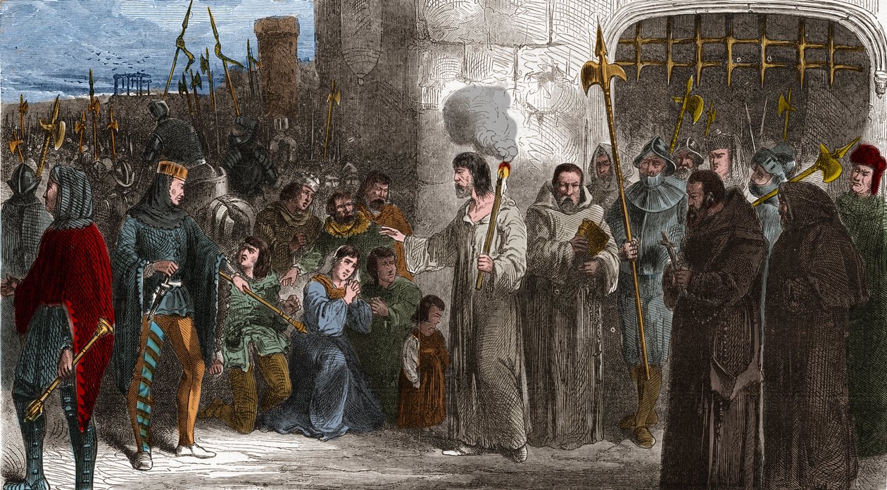Enguerrand de Marigny (1260-1315) ciambellano e ministro del re Filippo IV il Bello cammina verso la tortura nel 1315. Incisione in 