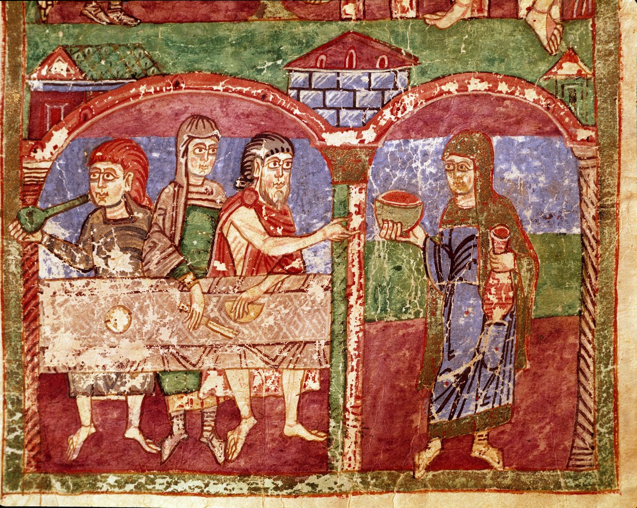 Episodio della vita di Santa Radegonda di Poitiers, moglie di Clotario I, re dei Franchi: Radegonda durante le sue opere di carità serve alla tavola dei poveri (miniatura da un manoscritto dell