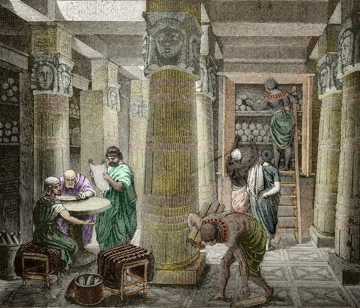 Eruditi nella biblioteca di Alessandria, distrutta nel 642, Egitto (Veduta della biblioteca di Alessandria, Egitto) XIX secolo (incisione) da Unknown artist