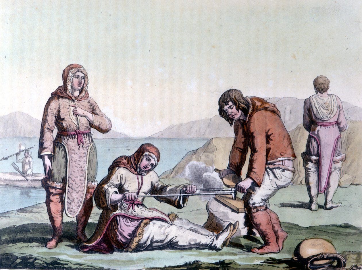 Gli eschimesi accendono un fuoco strofinando pezzi di legno. da Unknown artist