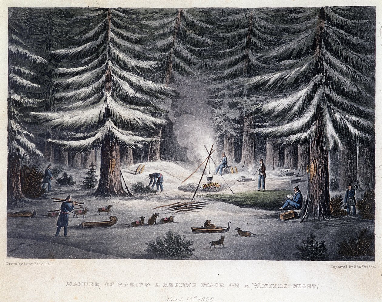 Allestimento di un campo durante una notte invernale - in "Narrative of a Journey to the Shores of the Polar Sea in the Years 1819-1821", di John Franklin, ed. Londra da Unknown artist