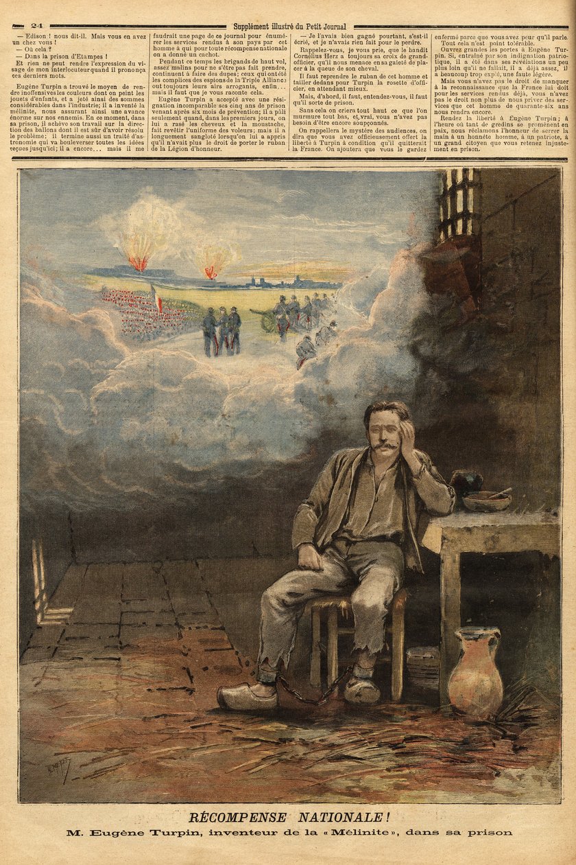 Eugene Turpin (1848-1927) chimico, inventore nel 1884 della melinite (un esplosivo), nella sua cella, accusato (erroneamente) di aver venduto la sua invenzione al nemico. Ha ispirato Jules Verne per il personaggio di Thomas Roch nel romanzo 