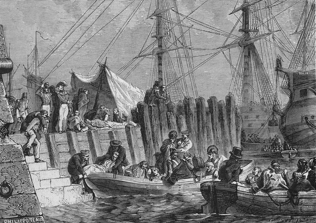 Evacuazione di Flesringe da parte degli inglesi nel 1802: imbarco dei malati - in "Histoire de France" di Henri Martin, sd. 19° secolo da Unknown artist