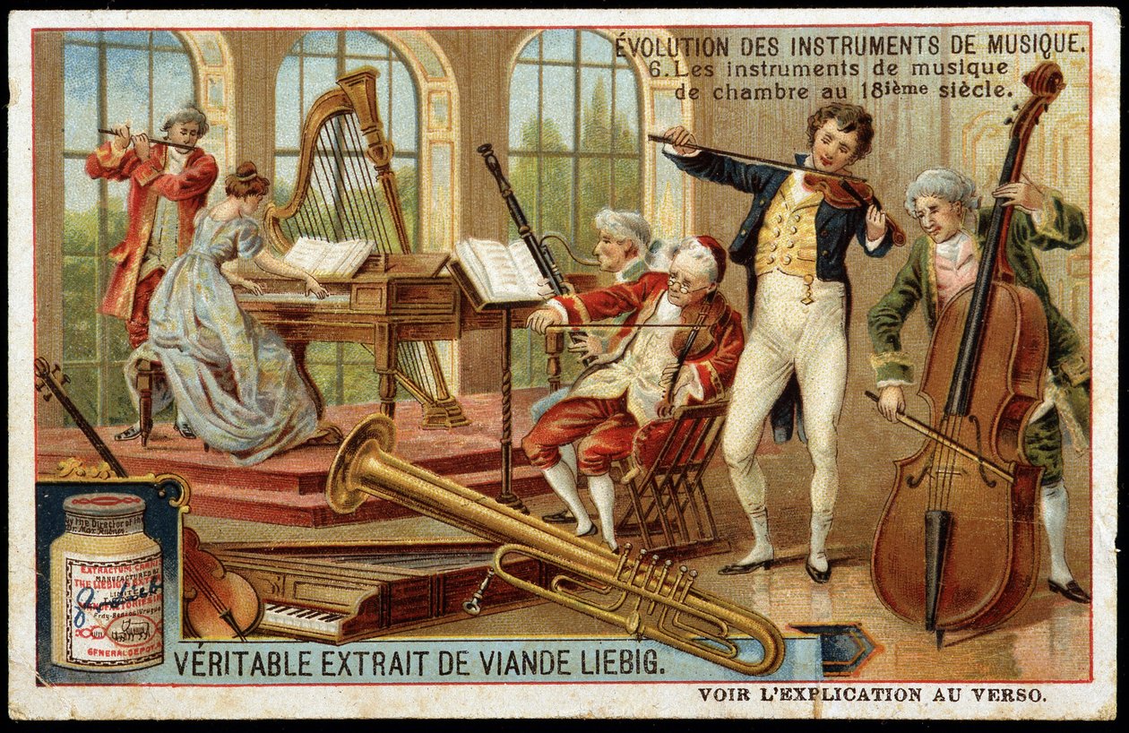 Evoluzione degli strumenti musicali: strumenti musicali da camera nel XVIII secolo - cromolitografia Liebig da Unknown artist