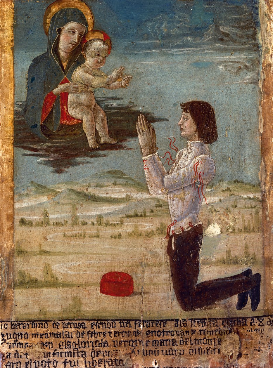 Ex-voto raffigurante Madonna e Bambino con uomo in ginocchio che prega, Abbazia di Santa Maria del Monte, Cesena, Emilia-Romagna, Italia da Unknown artist