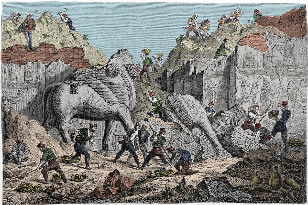 Scavi intrapresi da Paul-Emile Botta, console di Francia a Ninive nel sito di Khorsabad, antica capitale assira a nord di Mosul. Iraq. Incisione del XIX secolo da Unknown artist