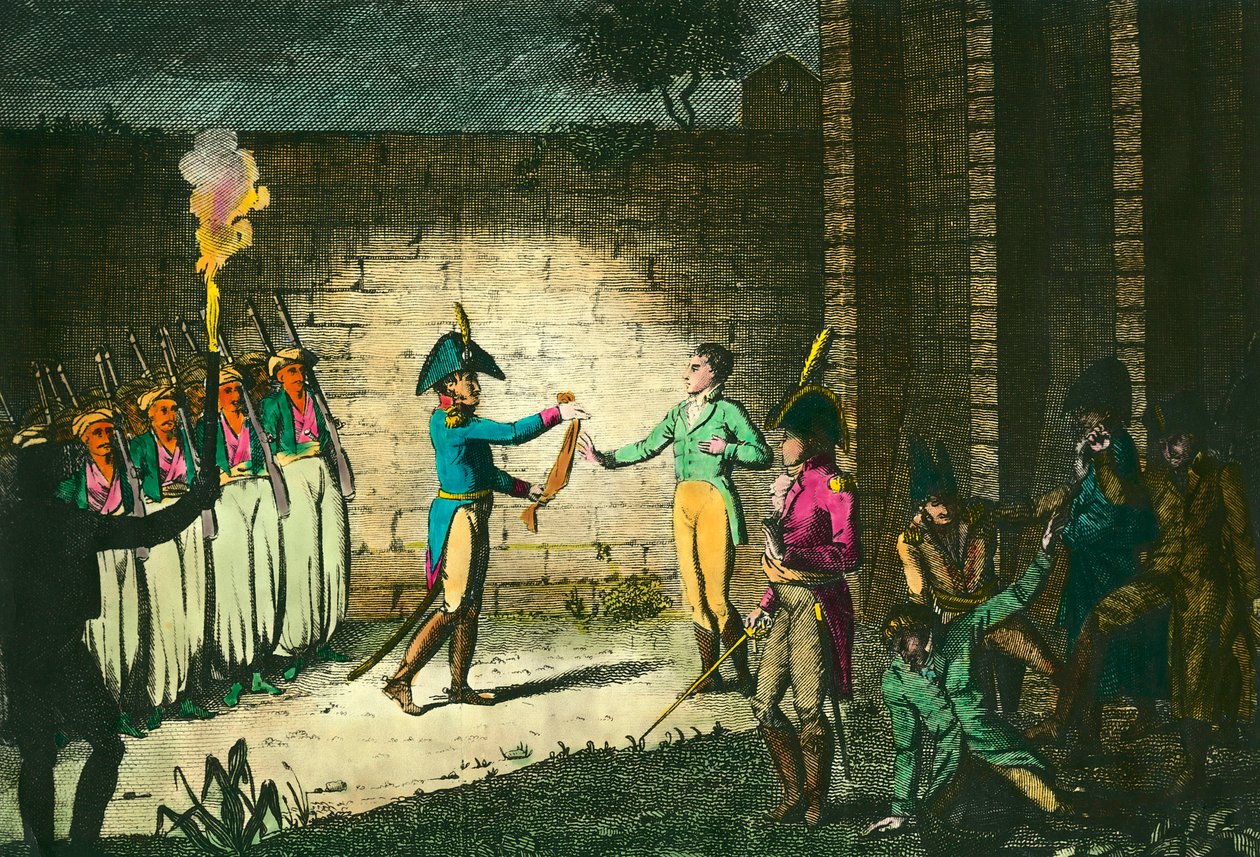 Esecuzione di Luigi di Borbone, duca di Enghien (1772-1804) il 21 marzo 1804 a Vincennes, sospettato senza prove di cospirazione contro il Primo Console Napoleone Bonaparte. Incisione intorno al 1804. Collezione privata da Unknown artist