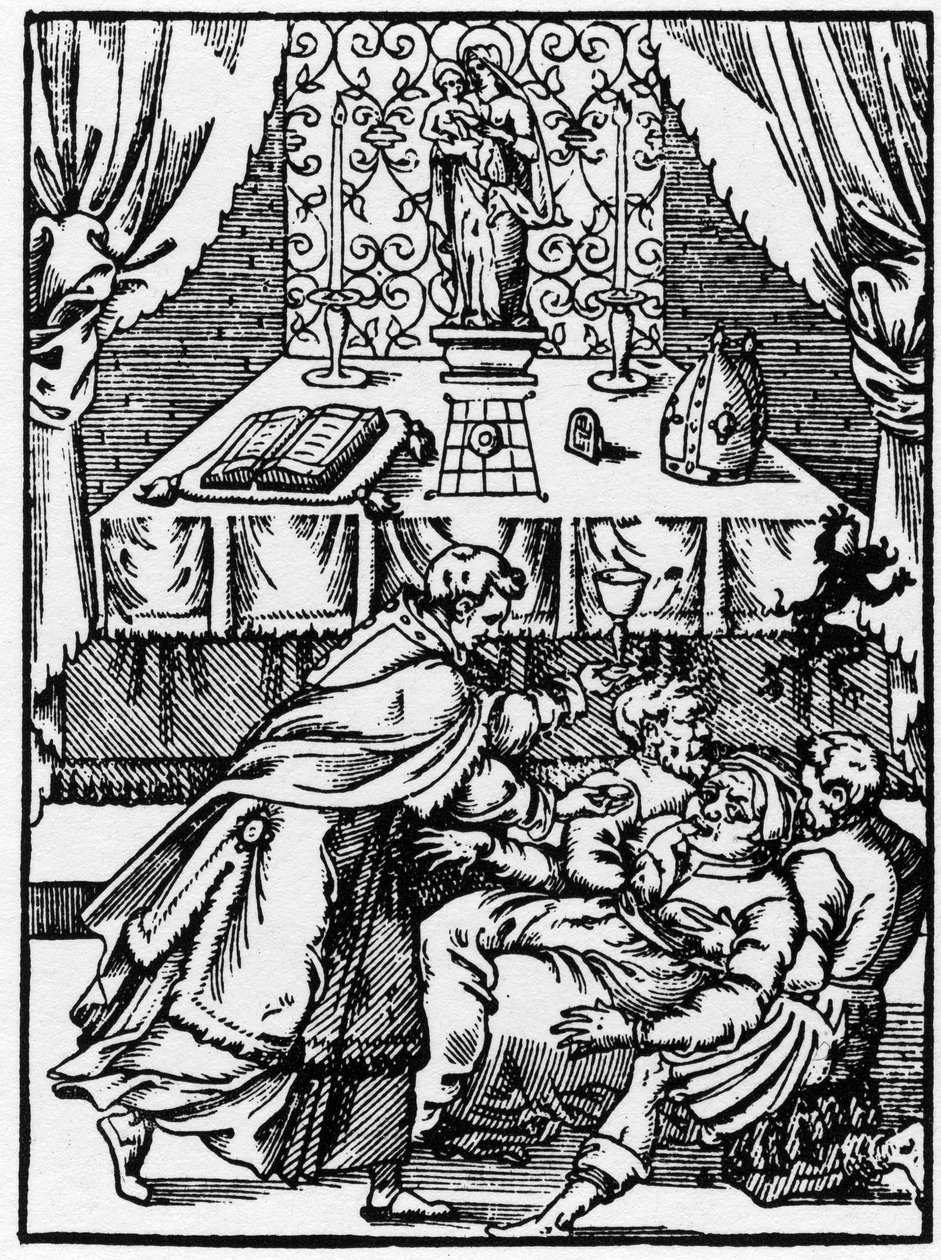 Esorcismo: un demone lascia il corpo di una strega posseduta mentre un prete le offre la Comunione - Incisione di "Prodigious Stories" di Pierre Boaistuau da Unknown artist