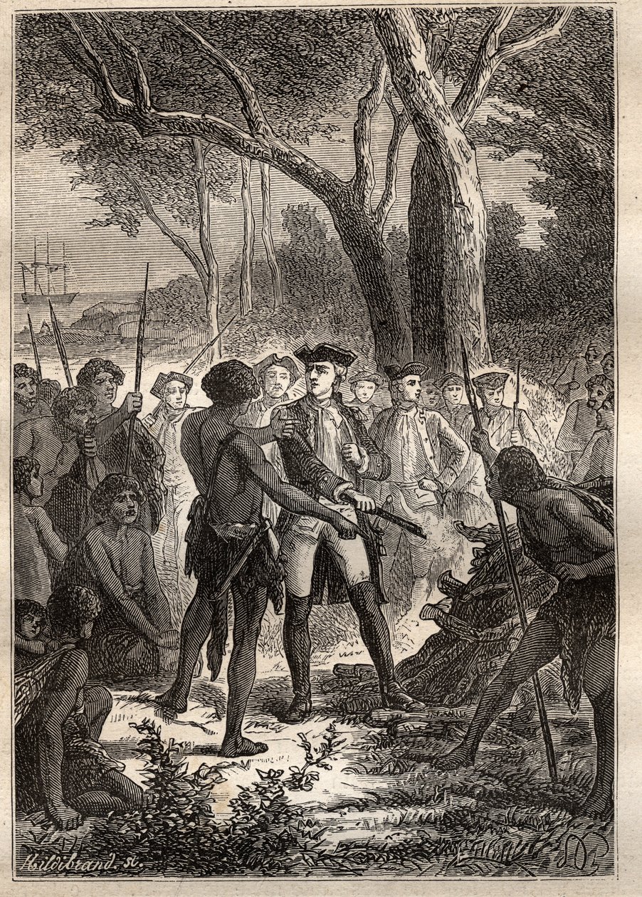 Spedizione di Nicolas Thomas Marion-Dufresne (Marion Dufresne) (1729-1772): Marion sbarcò nella Baia di Frederick Henry (Tasmania) e fu offerto un brandon acceso dagli indigeni - illustrazione tratta da 