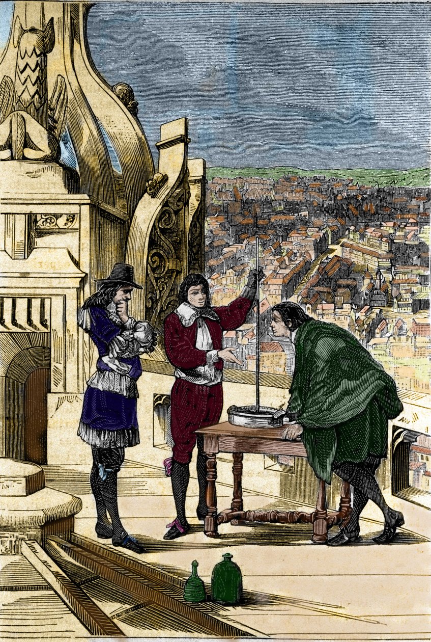 Esperimento di Blaise Pascal con un barometro a mercurio in cima alla Tour Saint Jacques la Boucherie a Parigi da Unknown artist