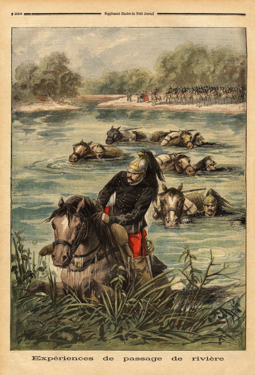 Esperienza di passaggio del fiume da parte del 7º reggimento di dragoni a Fontainebleau. Incisione in "Le petit journal" 6/09/1896. Collezione Selva da Unknown artist