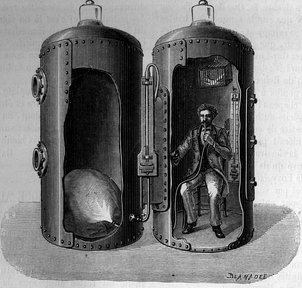 Esperimento sulla pressione barometrica del fisiologo Paul Bert (1833-1886): respirazione di aria sovraossigenata, dilatata riducendo la pressione. Incisione in "La Nature: revue des sciences et de leurs applications aux arts et a l