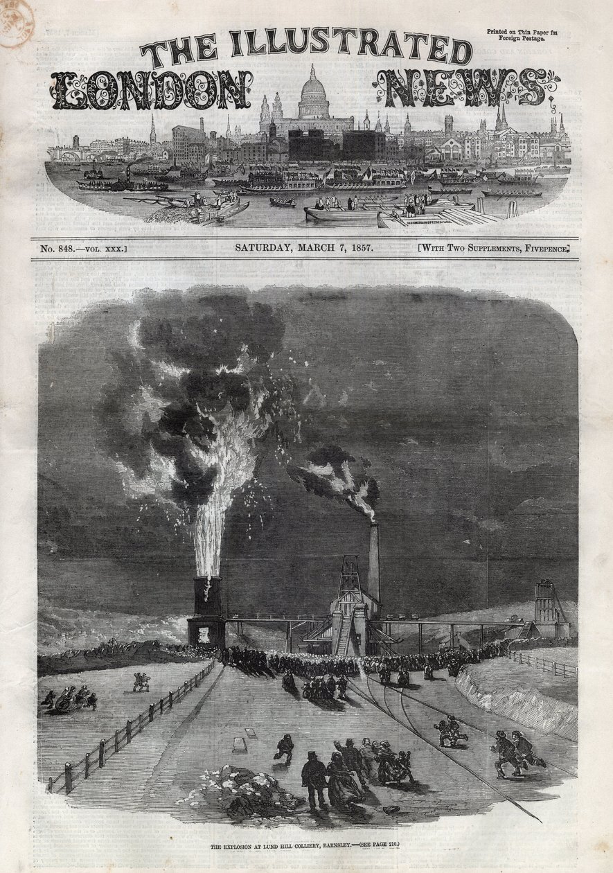 Esplosione nella miniera di carbone di Lund Hill a Barnsley, Inghilterra. Incisione in "The Illustrated London News" del 7 marzo da Unknown artist