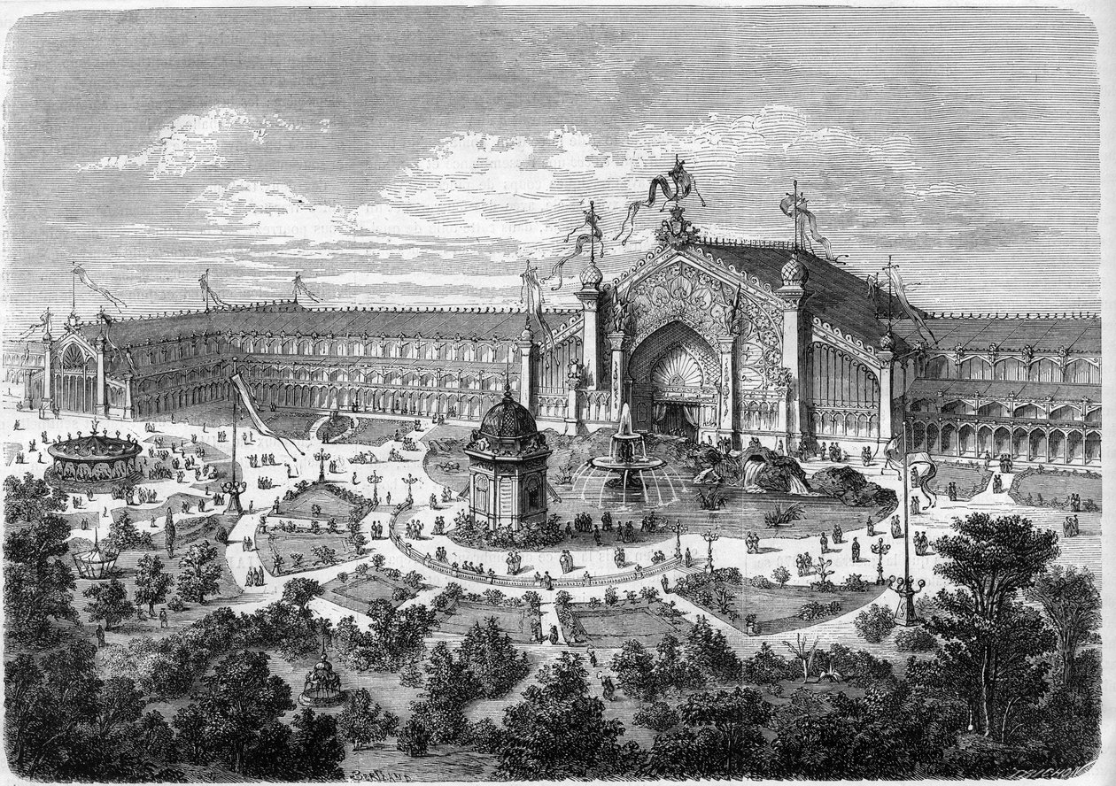 Esposizione Universale di Lione: le gallerie viste dal parco. Incisione in "L