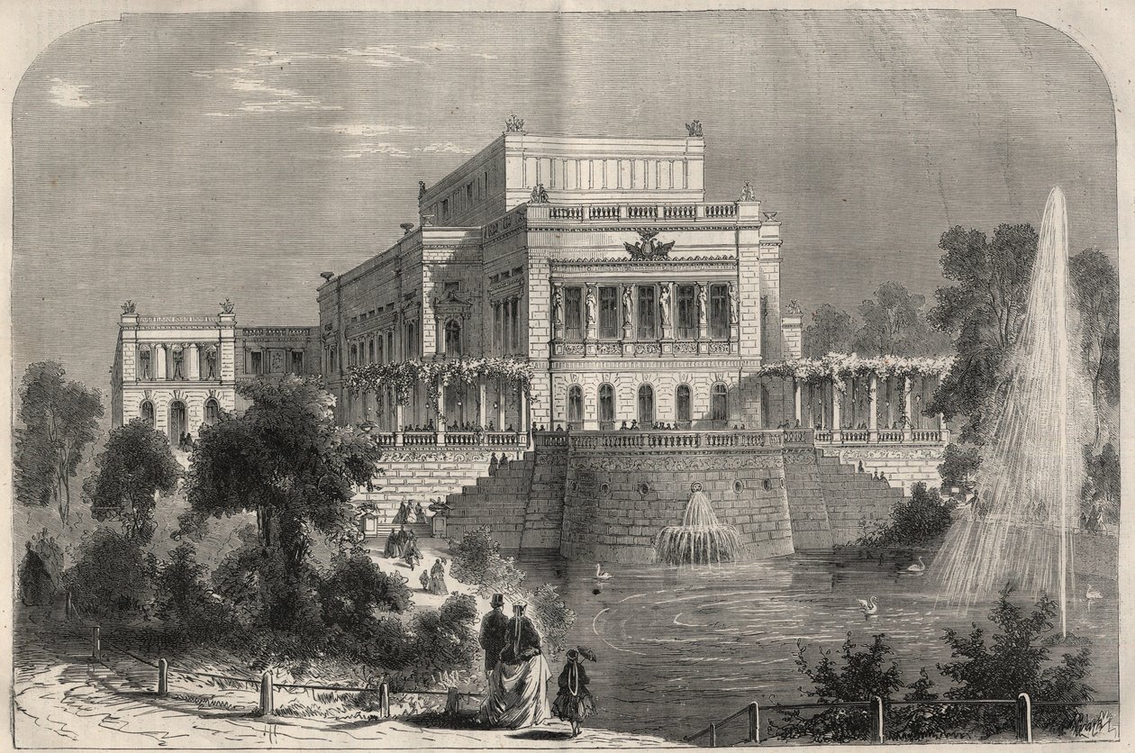 Veduta esterna del nuovo teatro di Lipsia, Germania. Incisione in 