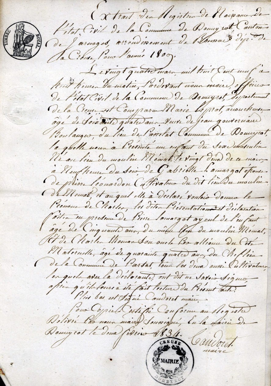 Estratto dal registro di nascita dello Stato Civile del comune di Dommyrot, copia certificata del 2 febbraio da Unknown artist