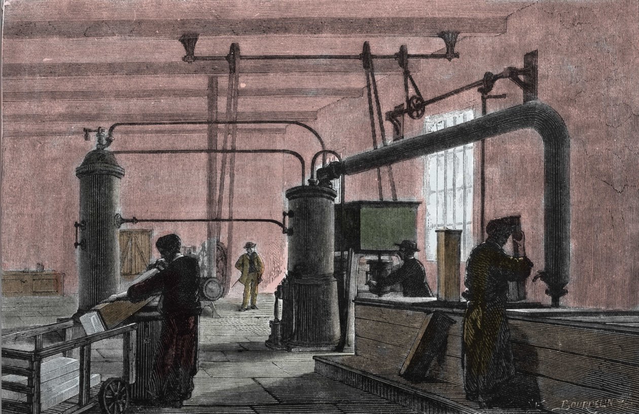 Fabbrica per la produzione di ghiaccio con il sistema di Ferdinand Carre (1824-1894). Incisione del XIX secolo da Unknown artist