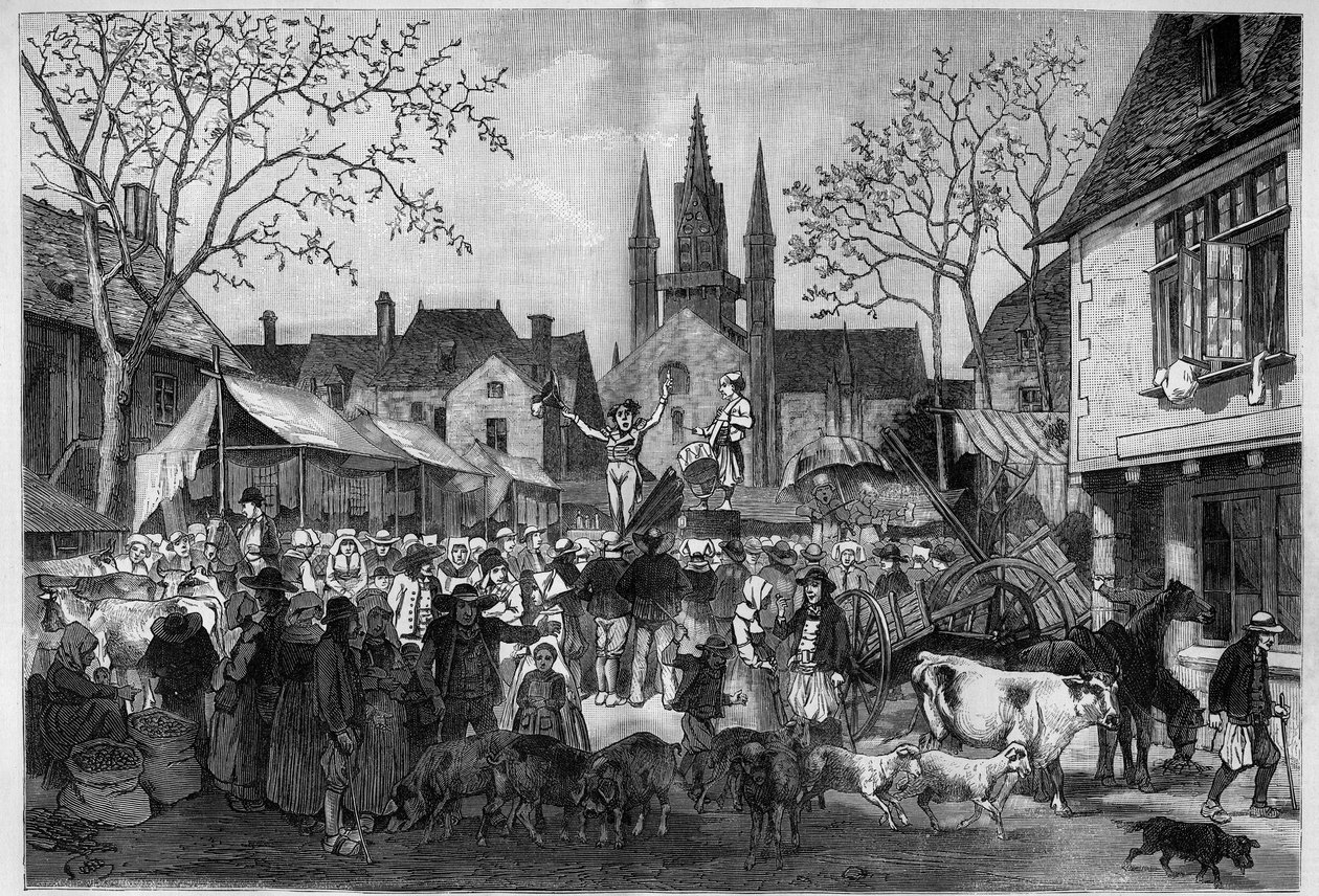 Fiera in Bretagna nella piazza di un villaggio. Incisione in "Le Monde Illustré" da Unknown artist