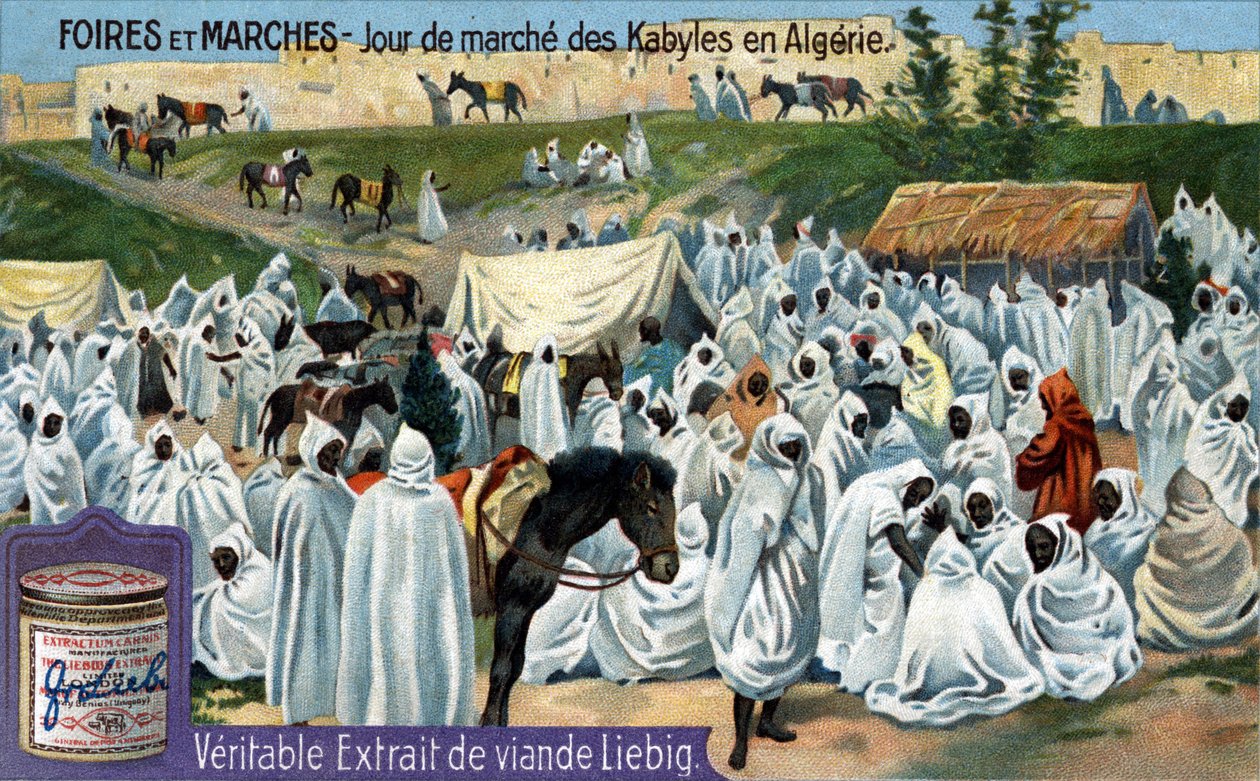 Fiere e mercati: giornata di mercato Kabyl in Algeria. Cromolitografia, immagine Liebig da Unknown artist