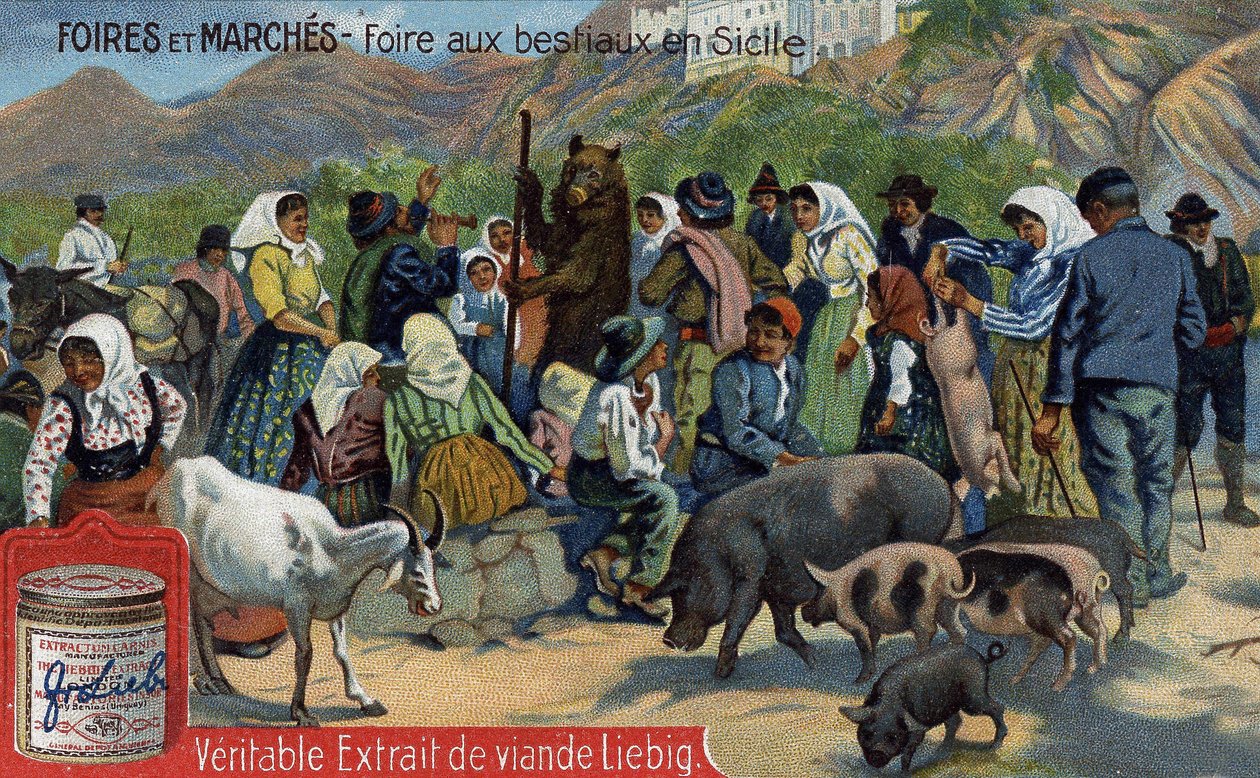 Fiere e mercati: fiera del bestiame in Sicilia. Cromolitografia, immagine Liebig da Unknown artist