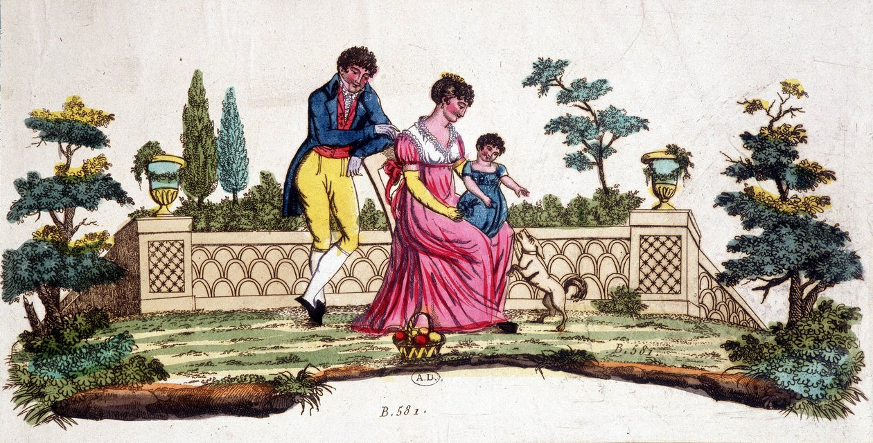 Famiglia in un parco. Incisione dei primi del XIX secolo da Unknown artist