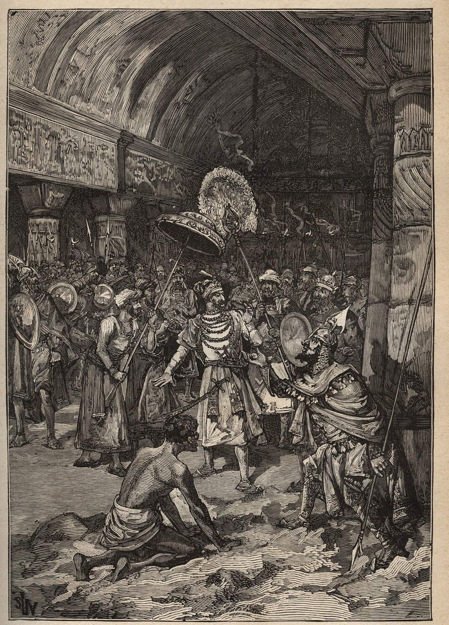 Diamanti famosi: il maharajah di Lahore, Ranjit Singh, prende il diamante Koh-i Nor. Incisione del 1885 in 