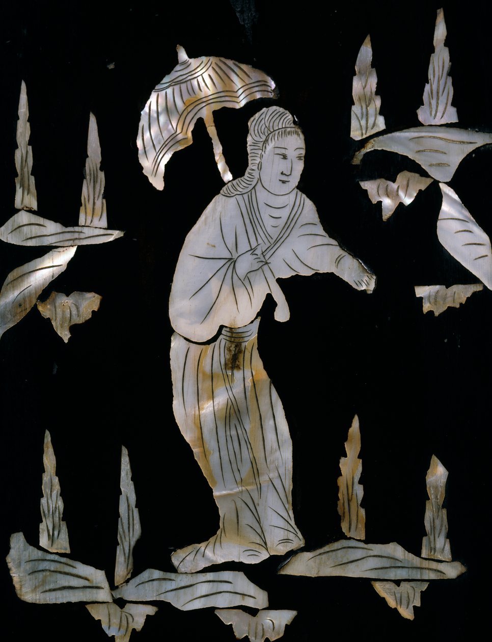 Figura femminile con ombrello, dettaglio da mobile intarsiato con madreperla con decorazione chinoiserie da Unknown artist