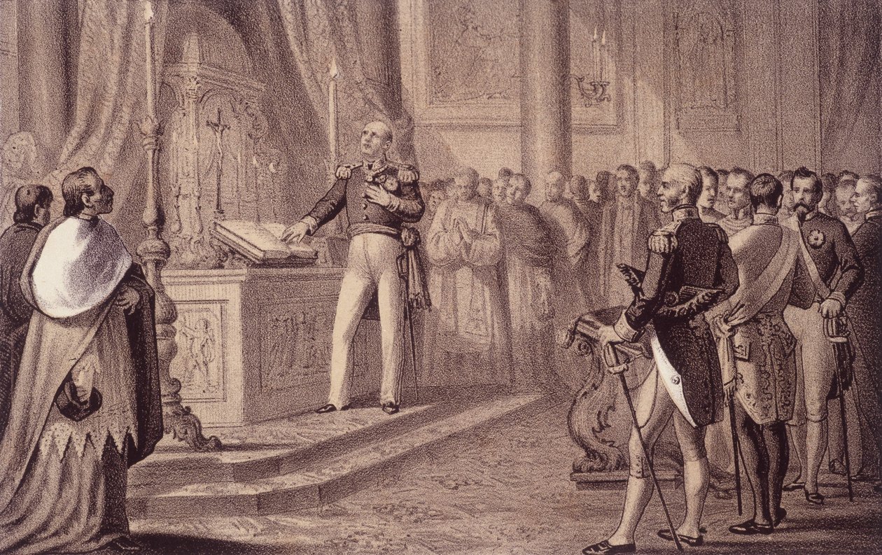 Ferdinando I di Borbone o Ferdinando IV (1751 - 1825), Re di Napoli, inaugura la costituzione del 1820 - in "Storia d