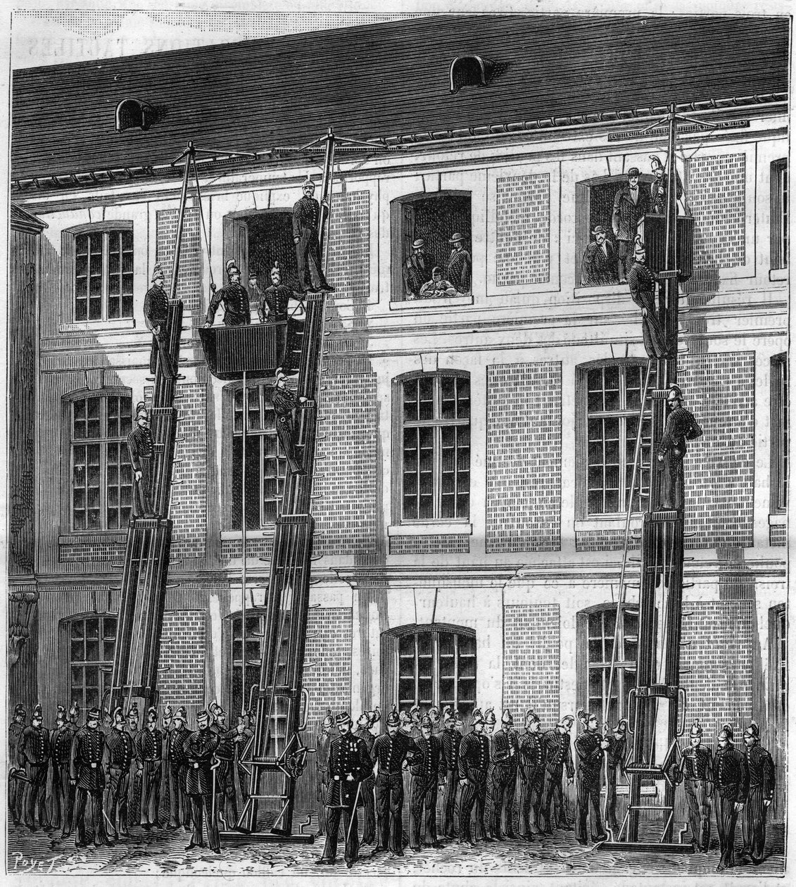 Vigili del fuoco a bordo del nuovo ascensore di soccorso per esperimenti antincendio a Rouen nella vecchia Scuola Normale. Incisione in "La Nature" da Unknown artist